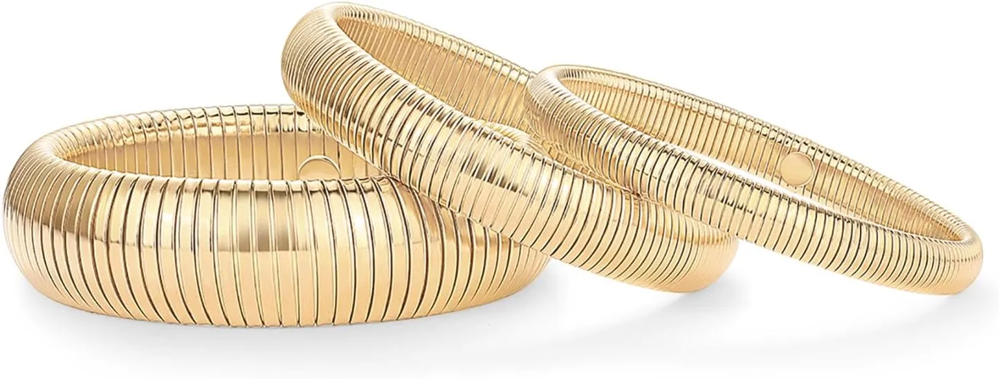 PAVOI Stainless Steel 14K Gold Plated Waterproof Flexible Stretch Chunky Bangle for Women | Cobra Bracelet