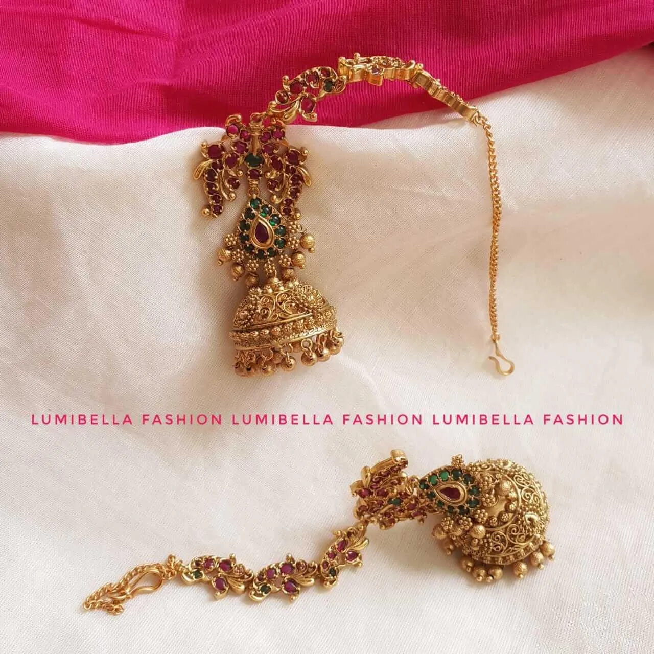 Peacock Style Jhumka Earrings With Attached Mattal