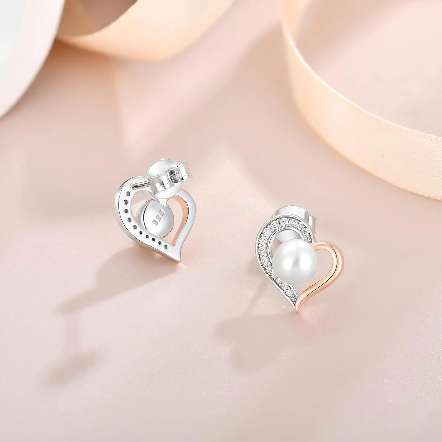 Pearl Stud Earring for Women 925 Sterling Silver Freshwater White Pearl Earring Unique Love Heart Jewelry Gifts for Her