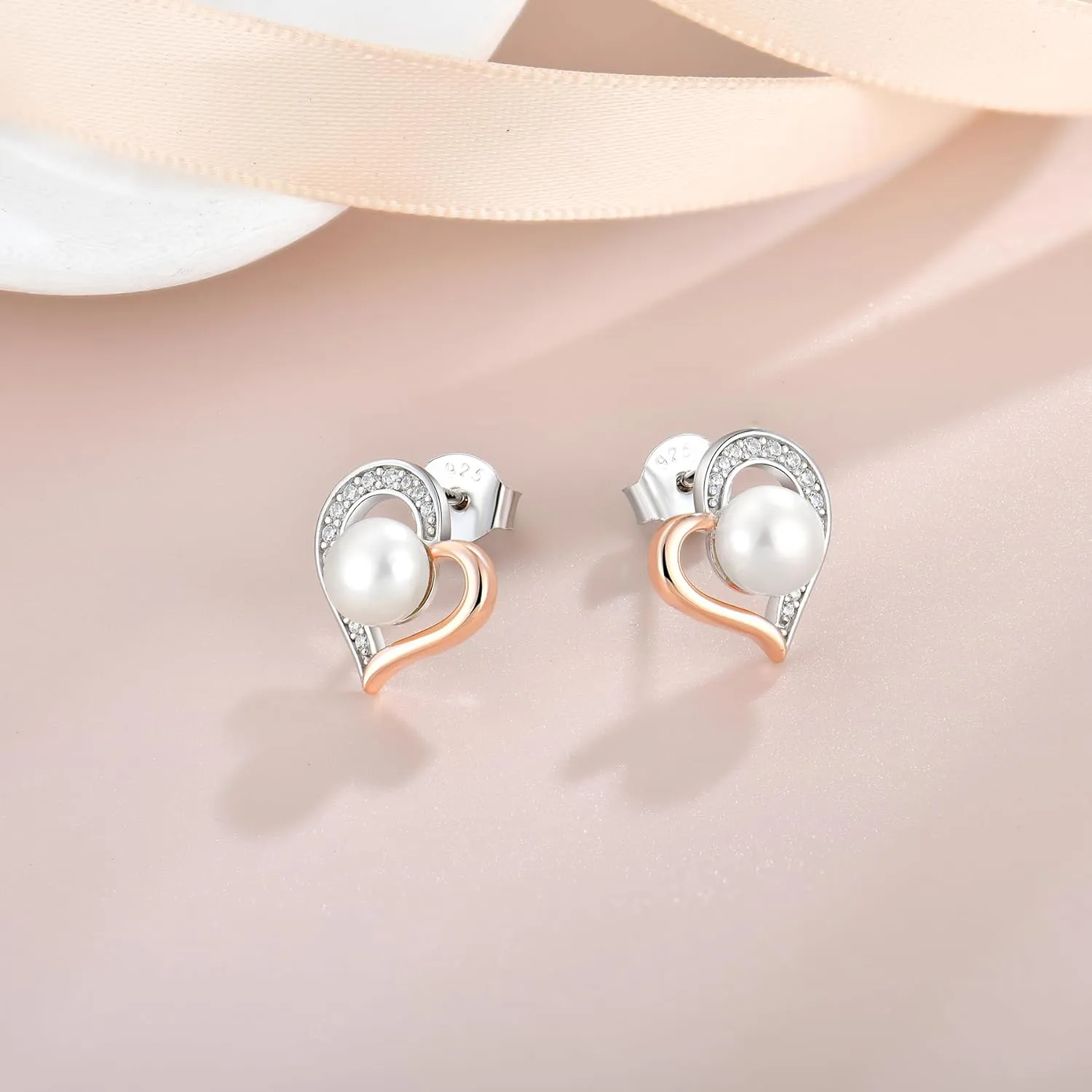 Pearl Stud Earring for Women 925 Sterling Silver Freshwater White Pearl Earring Unique Love Heart Jewelry Gifts for Her