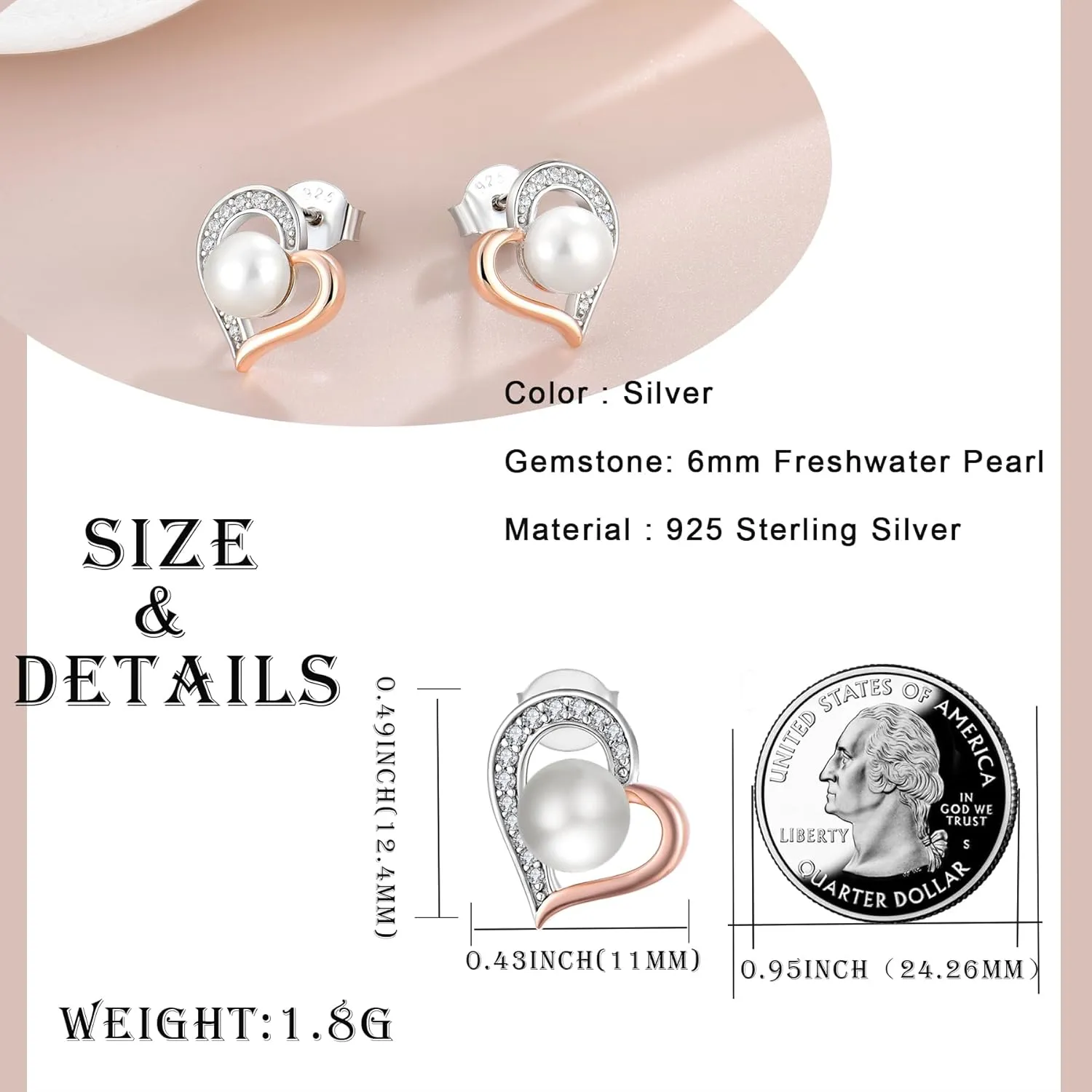 Pearl Stud Earring for Women 925 Sterling Silver Freshwater White Pearl Earring Unique Love Heart Jewelry Gifts for Her