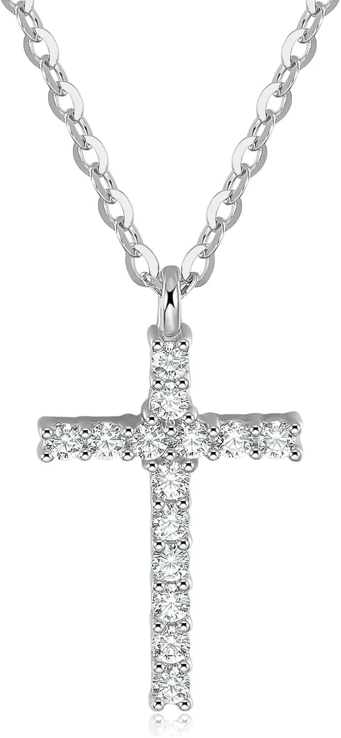 Pendant Necklace,925 Sterling Silver,Platinum Plated,Sparkly Cross,18 inches