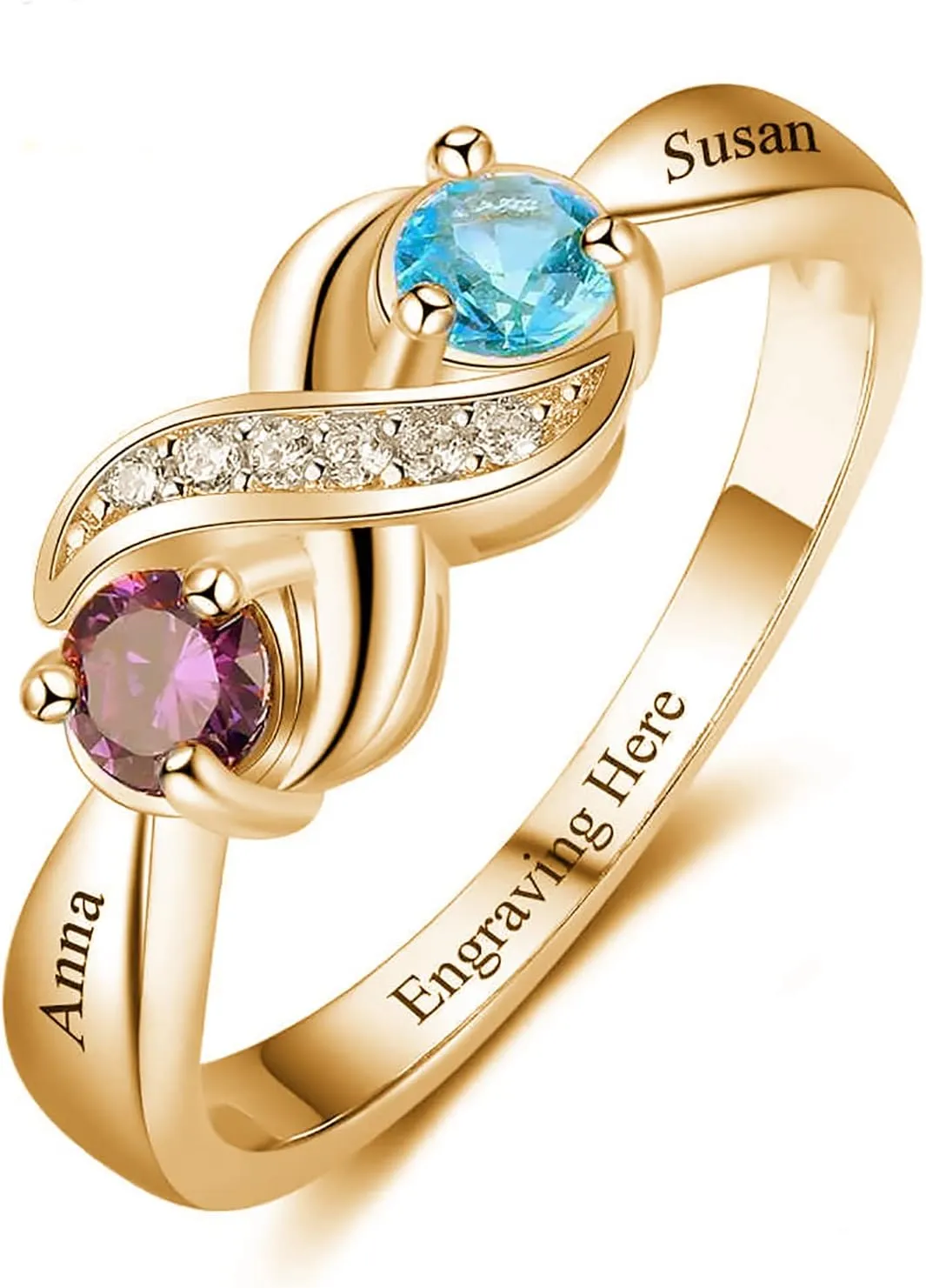Personalized 2 Birthstones Ring with Natural Diamonds for Women Mom Wife Girlfriend,S925 10K 14K 18K Solid Gold Custom Infinity Rings Engraved Jewelry Gift for Mothers Day Birthday Size 4-12