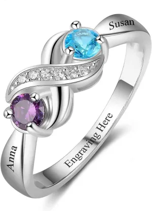 Personalized 2 Birthstones Ring with Natural Diamonds for Women Mom Wife Girlfriend,S925 10K 14K 18K Solid Gold Custom Infinity Rings Engraved Jewelry Gift for Mothers Day Birthday Size 4-12