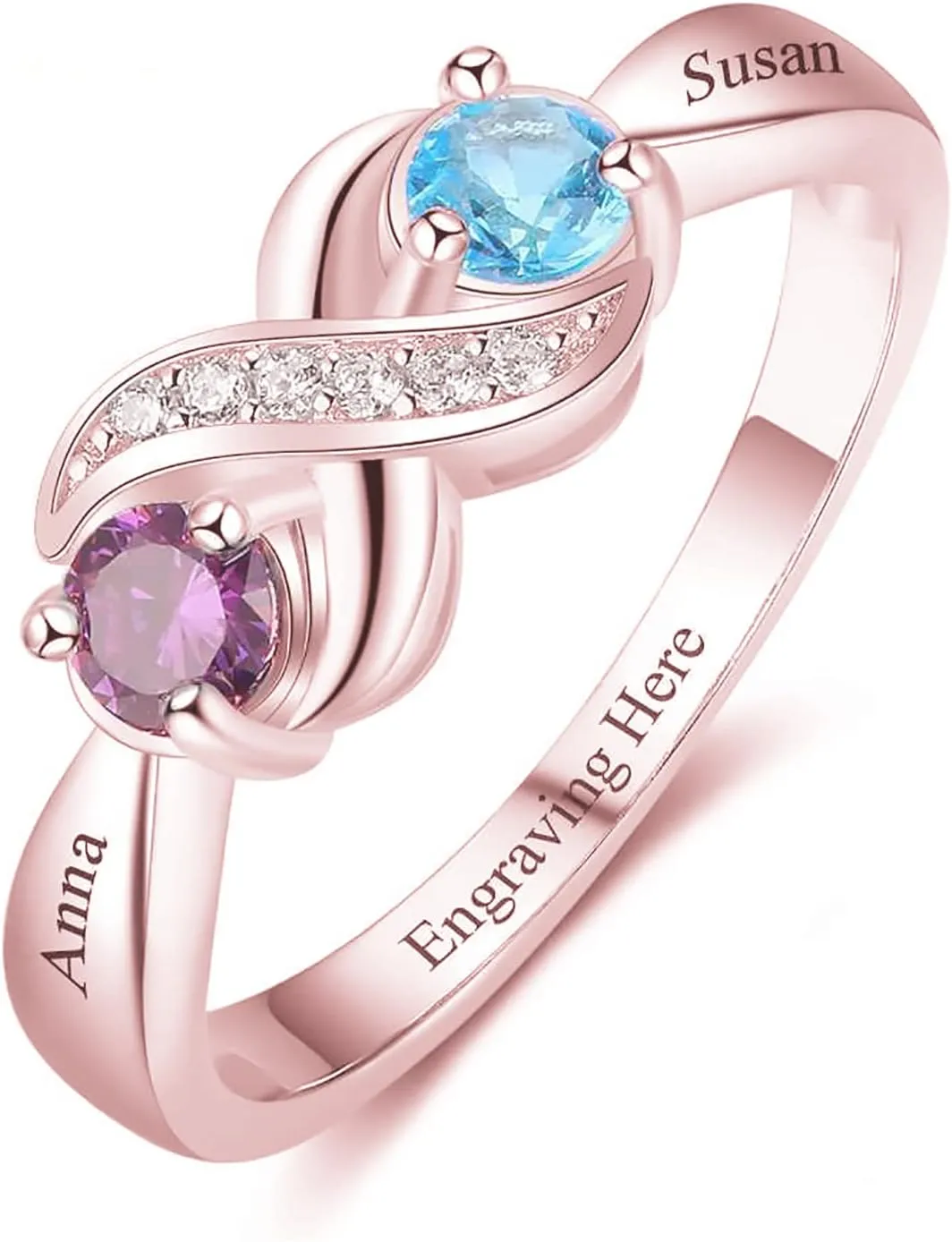 Personalized 2 Birthstones Ring with Natural Diamonds for Women Mom Wife Girlfriend,S925 10K 14K 18K Solid Gold Custom Infinity Rings Engraved Jewelry Gift for Mothers Day Birthday Size 4-12