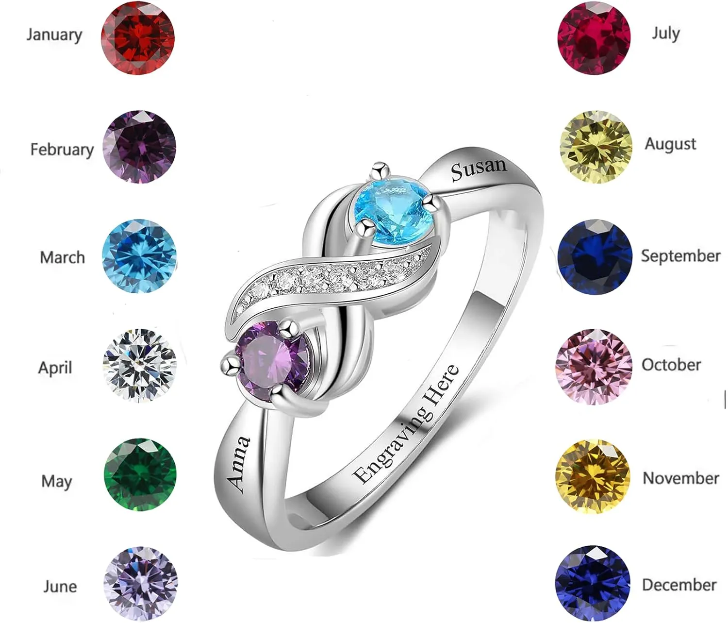Personalized 2 Birthstones Ring with Natural Diamonds for Women Mom Wife Girlfriend,S925 10K 14K 18K Solid Gold Custom Infinity Rings Engraved Jewelry Gift for Mothers Day Birthday Size 4-12