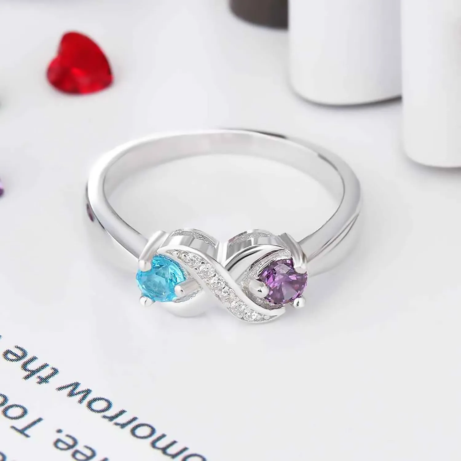 Personalized 2 Birthstones Ring with Natural Diamonds for Women Mom Wife Girlfriend,S925 10K 14K 18K Solid Gold Custom Infinity Rings Engraved Jewelry Gift for Mothers Day Birthday Size 4-12
