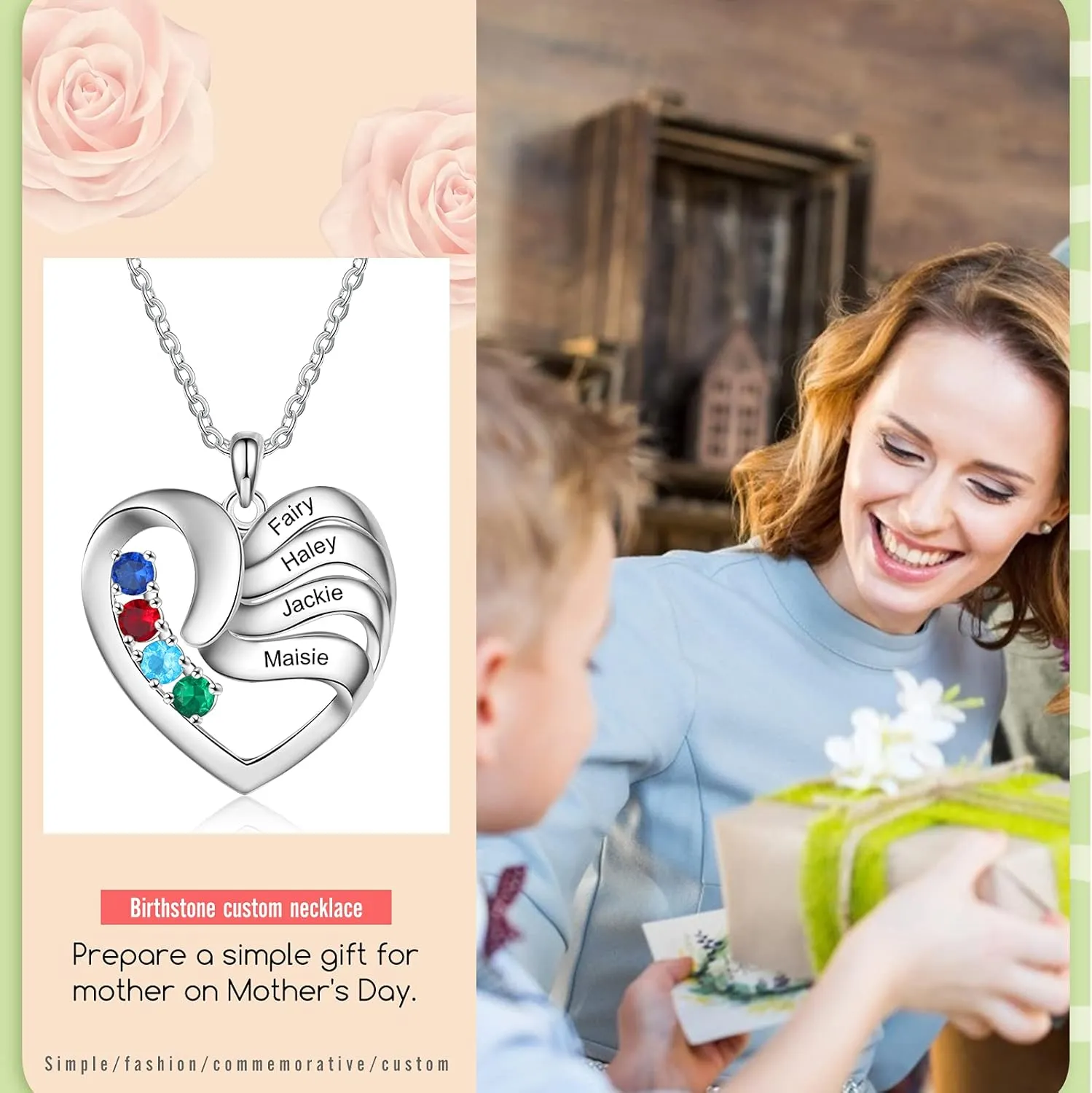 Personalized 2/3/4/5 Names Necklaces for Women,Custom Mothers Day Necklace with 2/3/4/5 Birthstones, for Women,Mother's Day Heart Pendant Name Necklace