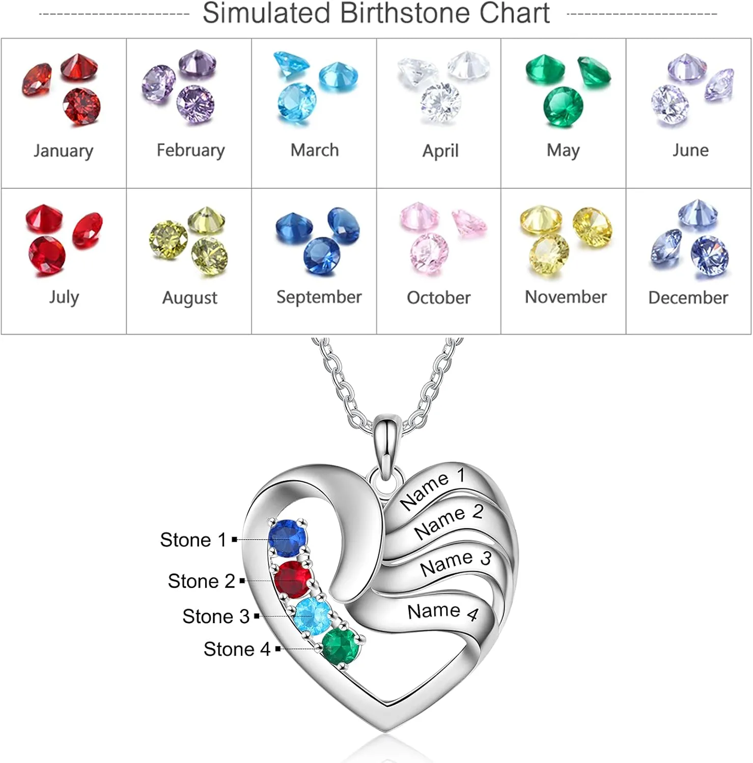 Personalized 2/3/4/5 Names Necklaces for Women,Custom Mothers Day Necklace with 2/3/4/5 Birthstones, for Women,Mother's Day Heart Pendant Name Necklace