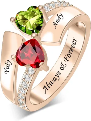 Personalized Birthstone Rings for Couple Custom 2 Heart Birthstones Ring Engraved Names Valentine's Day Gift for Her Wife Girlfriend