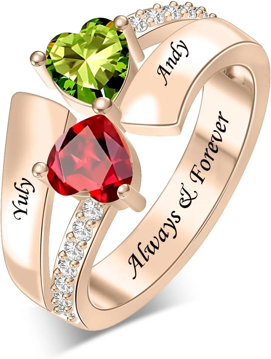 Personalized Birthstone Rings for Couple Custom 2 Heart Birthstones Ring Engraved Names Valentine's Day Gift for Her Wife Girlfriend