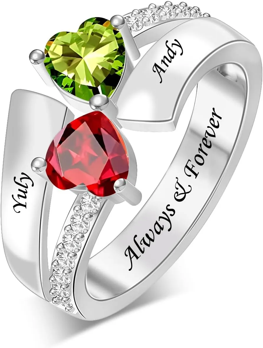 Personalized Birthstone Rings for Couple Custom 2 Heart Birthstones Ring Engraved Names Valentine's Day Gift for Her Wife Girlfriend