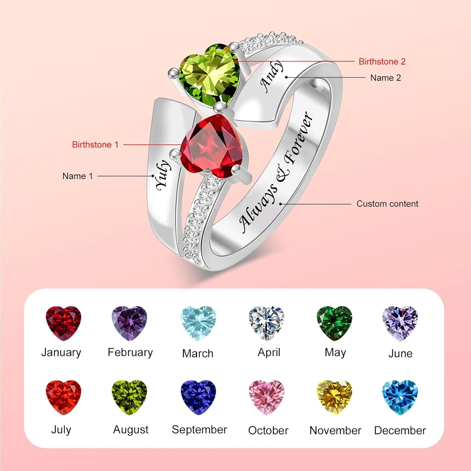 Personalized Birthstone Rings for Couple Custom 2 Heart Birthstones Ring Engraved Names Valentine's Day Gift for Her Wife Girlfriend