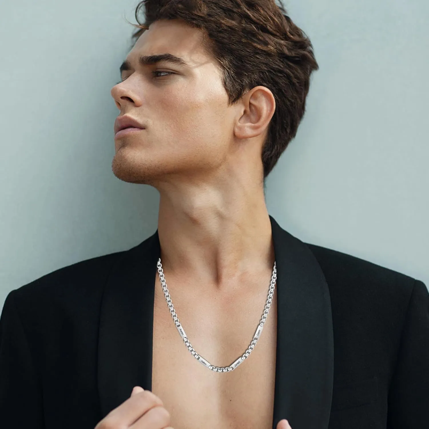 Personalized Necklace Chain for Men Stainless Steel Mens Jewelry Sliver Chain Engraved 2-5 Names Neck Chains for Men Fathers Gifts for Dad