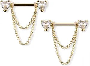 Pierced Owl 14GA 316L Stainless Steel CZ Crystal Hearts with Double Dangling Chains Nipple Barbells, Sold as a Pair