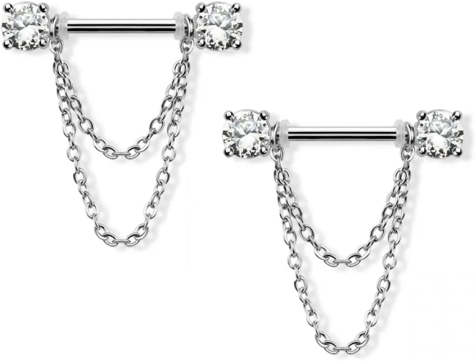 Pierced Owl 14GA 316L Stainless Steel Prong Set CZ Crystal Ends with Double Dangling Chains Nipple Barbells, Sold as a Pair