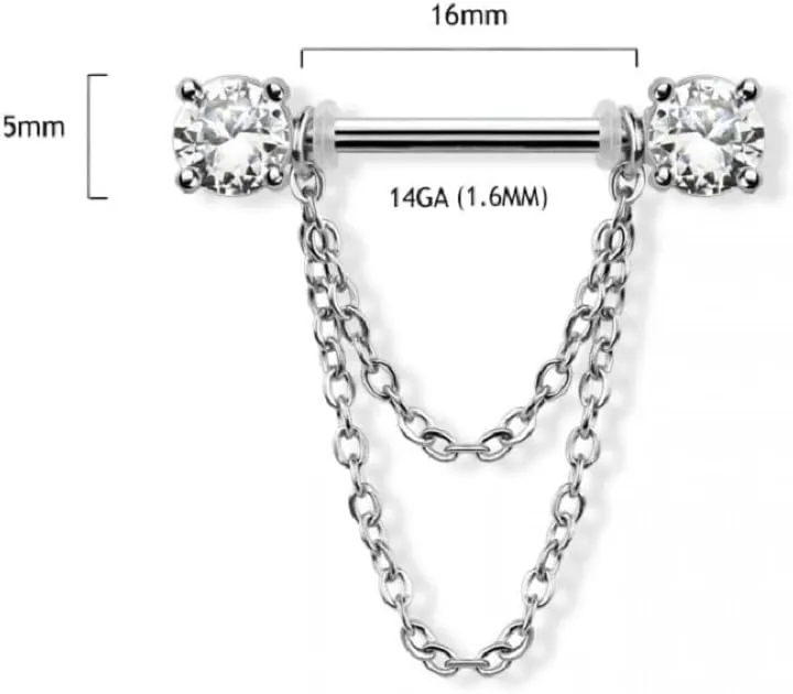 Pierced Owl 14GA 316L Stainless Steel Prong Set CZ Crystal Ends with Double Dangling Chains Nipple Barbells, Sold as a Pair
