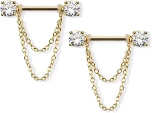 Pierced Owl 14GA 316L Stainless Steel Prong Set CZ Crystal Ends with Double Dangling Chains Nipple Barbells, Sold as a Pair