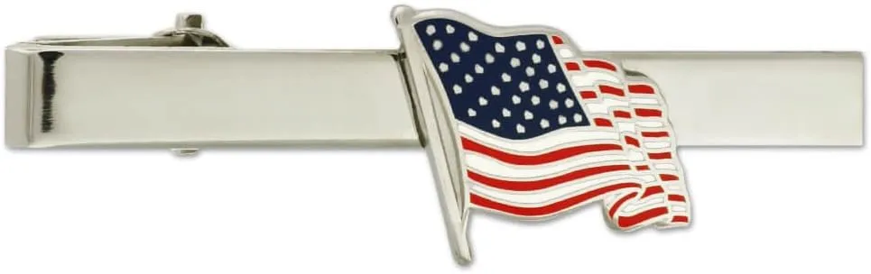 PinMart's Patriotic Waving American Flag Tie Clip Tie Bar - Silver or Gold - Engravable or Non-engravable