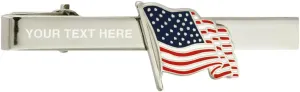 PinMart's Patriotic Waving American Flag Tie Clip Tie Bar - Silver or Gold - Engravable or Non-engravable