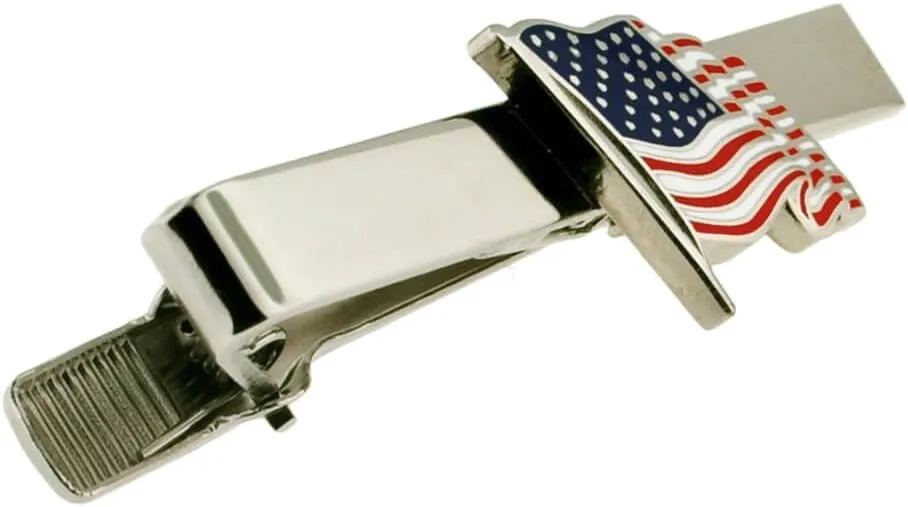 PinMart's Patriotic Waving American Flag Tie Clip Tie Bar - Silver or Gold - Engravable or Non-engravable
