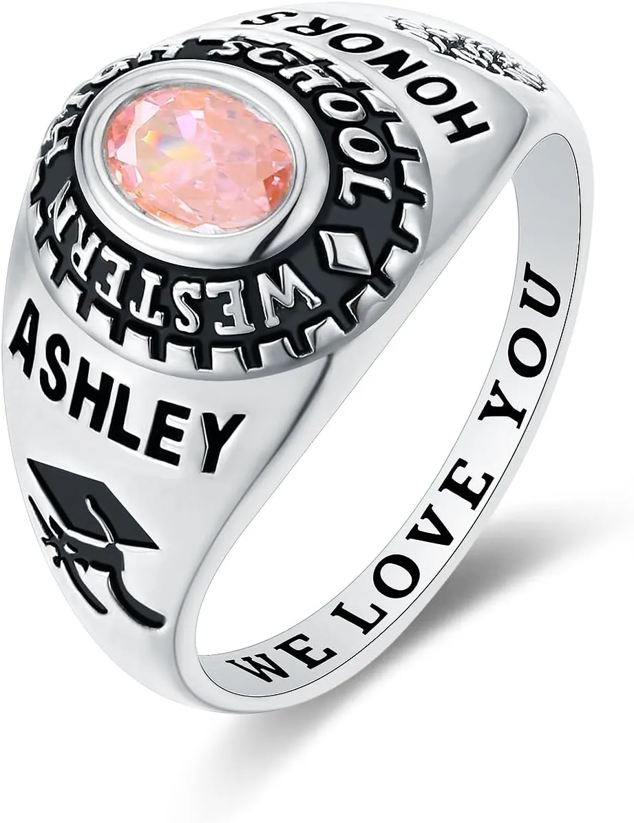 PJM Mementos USA Premium Class Ring Authentic Class Ring for Women  Smooth Classic Collection  Genuine 925 Sterling Silver or 10KT Gold  Customized High School College University Women's Class Ring  Graduation Gifts