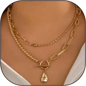 Plated Gold Layered Paperclip OT Clasps Necklace,Vintage Stackable Pearl Pendant Beaded Choker Necklace,Aesthetic Party Neck Jewelry Accessories