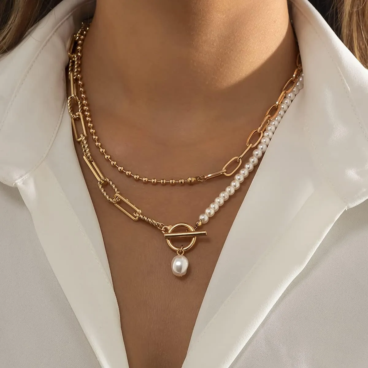 Plated Gold Layered Paperclip OT Clasps Necklace,Vintage Stackable Pearl Pendant Beaded Choker Necklace,Aesthetic Party Neck Jewelry Accessories