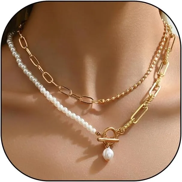 Plated Gold Layered Paperclip OT Clasps Necklace,Vintage Stackable Pearl Pendant Beaded Choker Necklace,Aesthetic Party Neck Jewelry Accessories