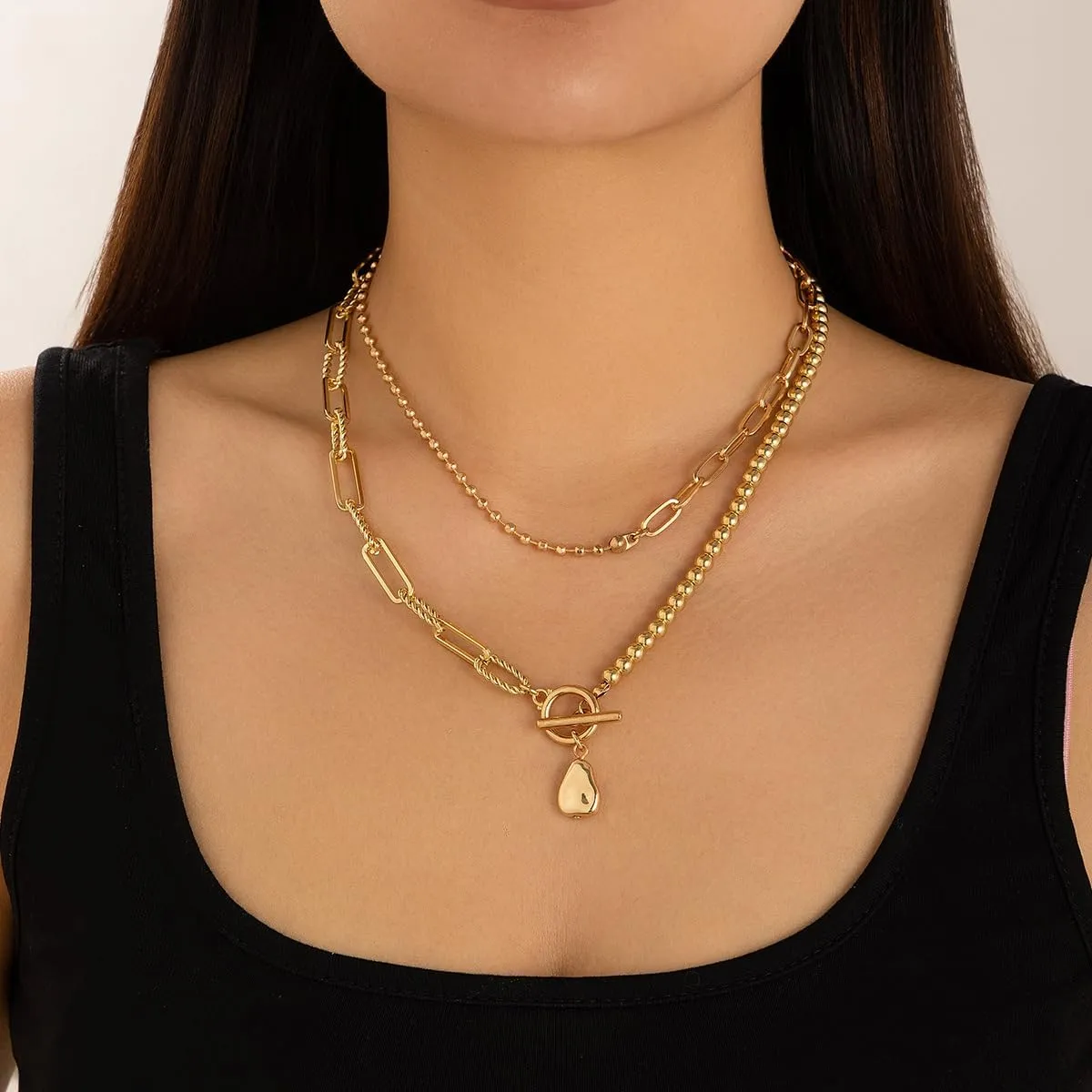 Plated Gold Layered Paperclip OT Clasps Necklace,Vintage Stackable Pearl Pendant Beaded Choker Necklace,Aesthetic Party Neck Jewelry Accessories