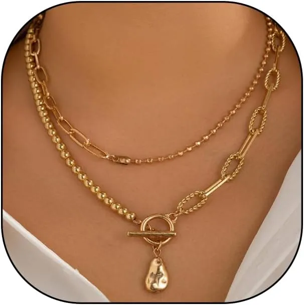 Plated Gold Layered Paperclip OT Clasps Necklace,Vintage Stackable Pearl Pendant Beaded Choker Necklace,Aesthetic Party Neck Jewelry Accessories