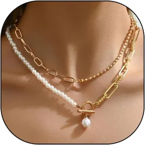 Plated Gold Layered Paperclip OT Clasps Necklace,Vintage Stackable Pearl Pendant Beaded Choker Necklace,Aesthetic Party Neck Jewelry Accessories