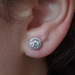 Platinum Plated Sterling Silver Moissanite Halo Stud Earrings in 4 Prongs (5 MM Round, 1 CT TWT DEW, CERTIFIED)