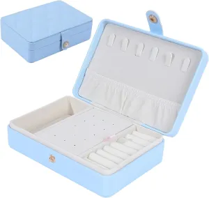 Portable Jewelry Box, 2 Layer Small Travel Jewelry Box for Women and Girls, Mini Leather Jewelry Organizer for Necklaces, Bracelet, Earrings and Rings Gift for Her (blue)