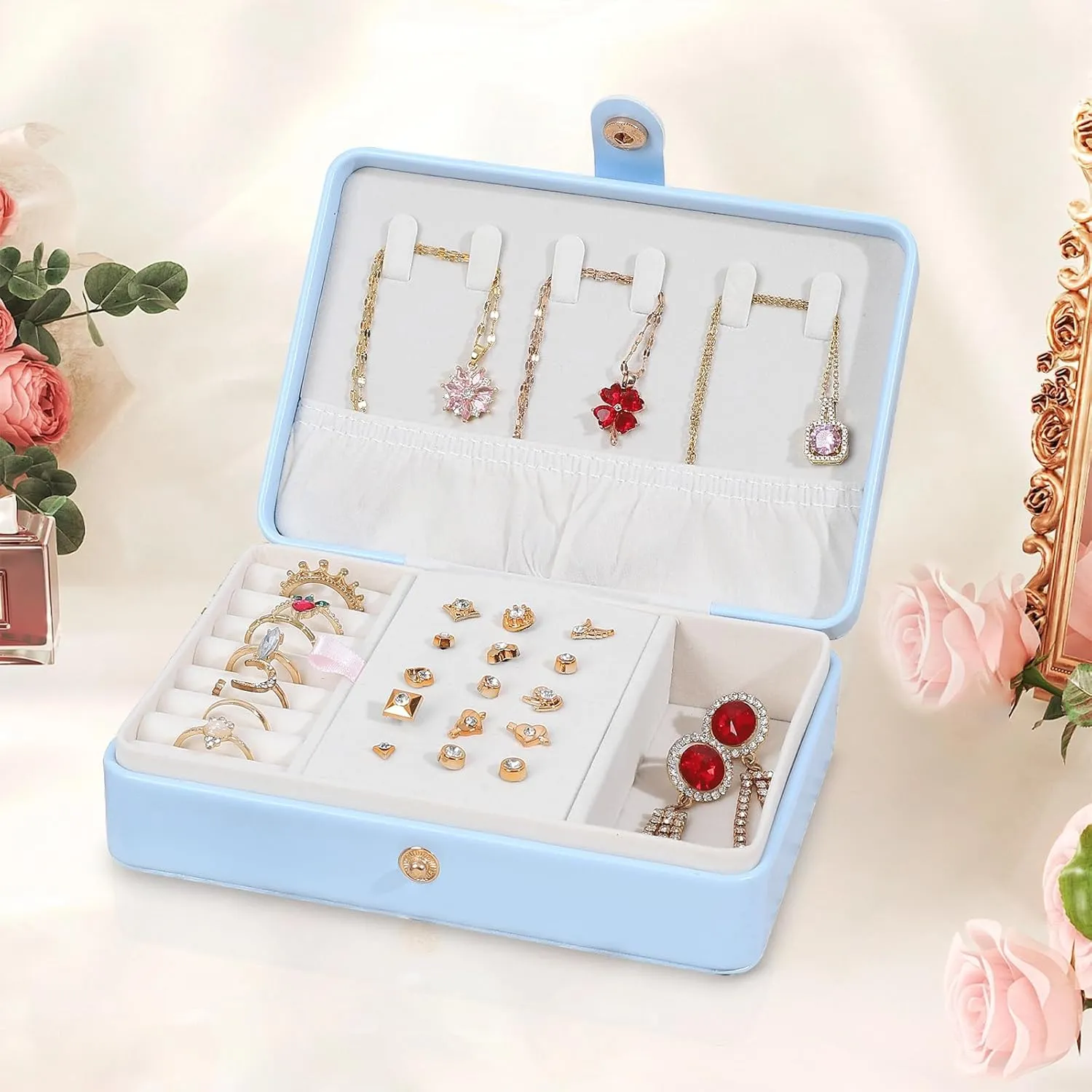 Portable Jewelry Box, 2 Layer Small Travel Jewelry Box for Women and Girls, Mini Leather Jewelry Organizer for Necklaces, Bracelet, Earrings and Rings Gift for Her (blue)