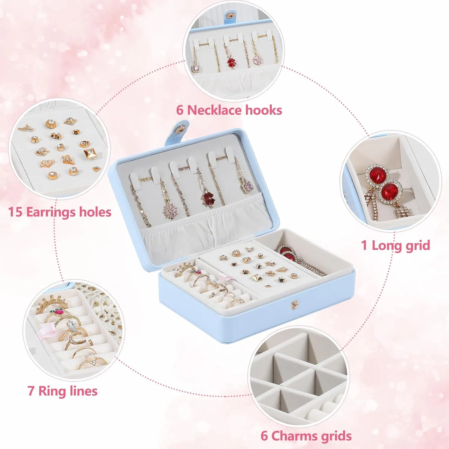 Portable Jewelry Box, 2 Layer Small Travel Jewelry Box for Women and Girls, Mini Leather Jewelry Organizer for Necklaces, Bracelet, Earrings and Rings Gift for Her (blue)