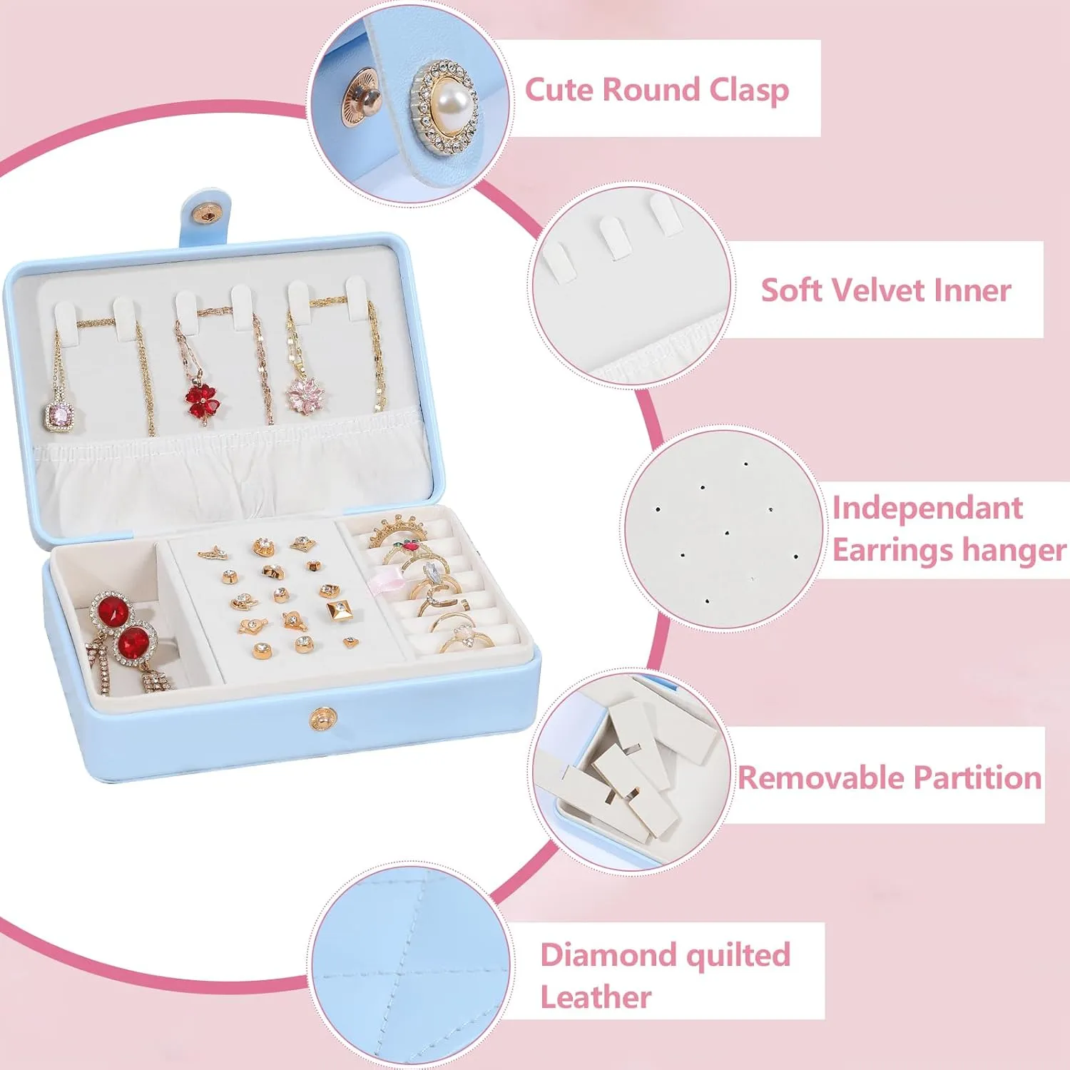 Portable Jewelry Box, 2 Layer Small Travel Jewelry Box for Women and Girls, Mini Leather Jewelry Organizer for Necklaces, Bracelet, Earrings and Rings Gift for Her (blue)