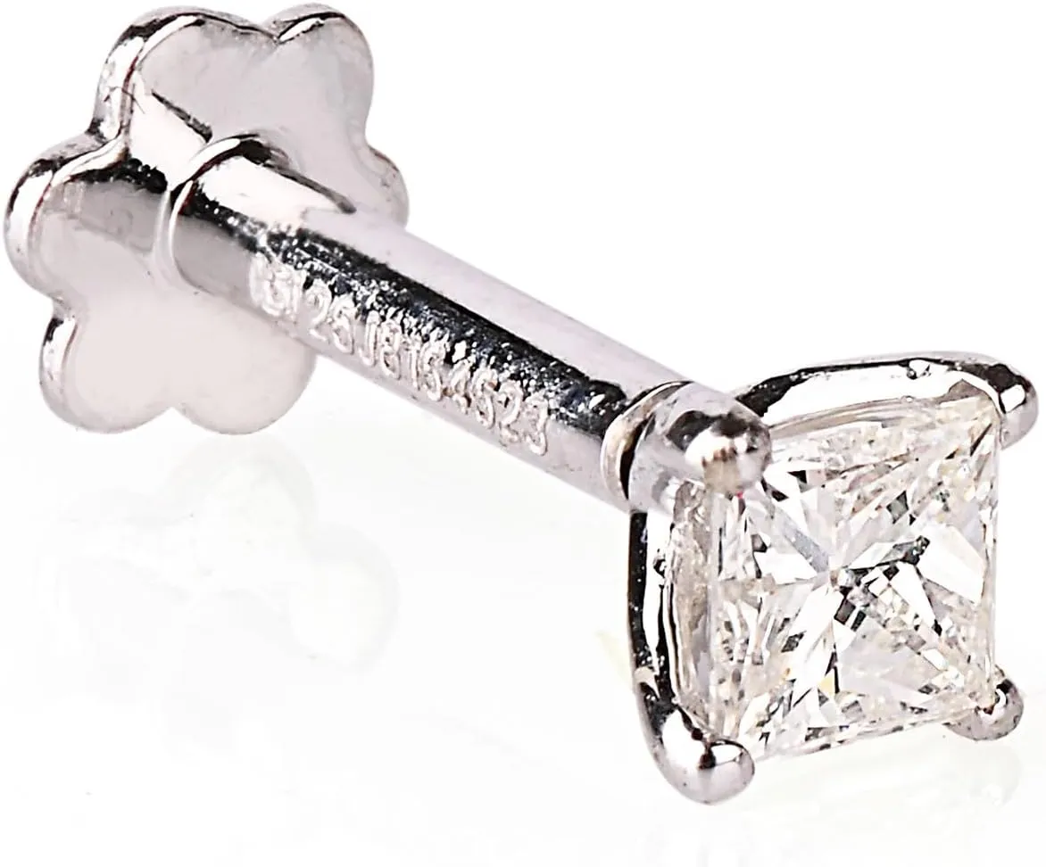 Princess Cut Diamond Nose Stud with 6 mm Internally Threaded 14K White Gold Screw Post also Lip Labret Monroe Ring