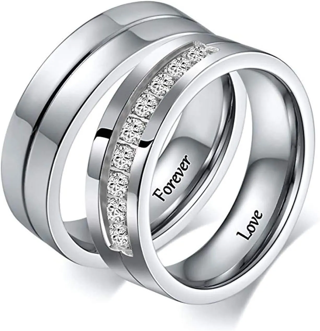 Promise Ring Sets, Commitment Rings for Couples Stainless Steel Engraved Forever and Love Silver Wedding Bands for Him Her Size 6-12