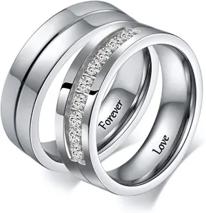 Promise Ring Sets, Commitment Rings for Couples Stainless Steel Engraved Forever and Love Silver Wedding Bands for Him Her Size 6-12
