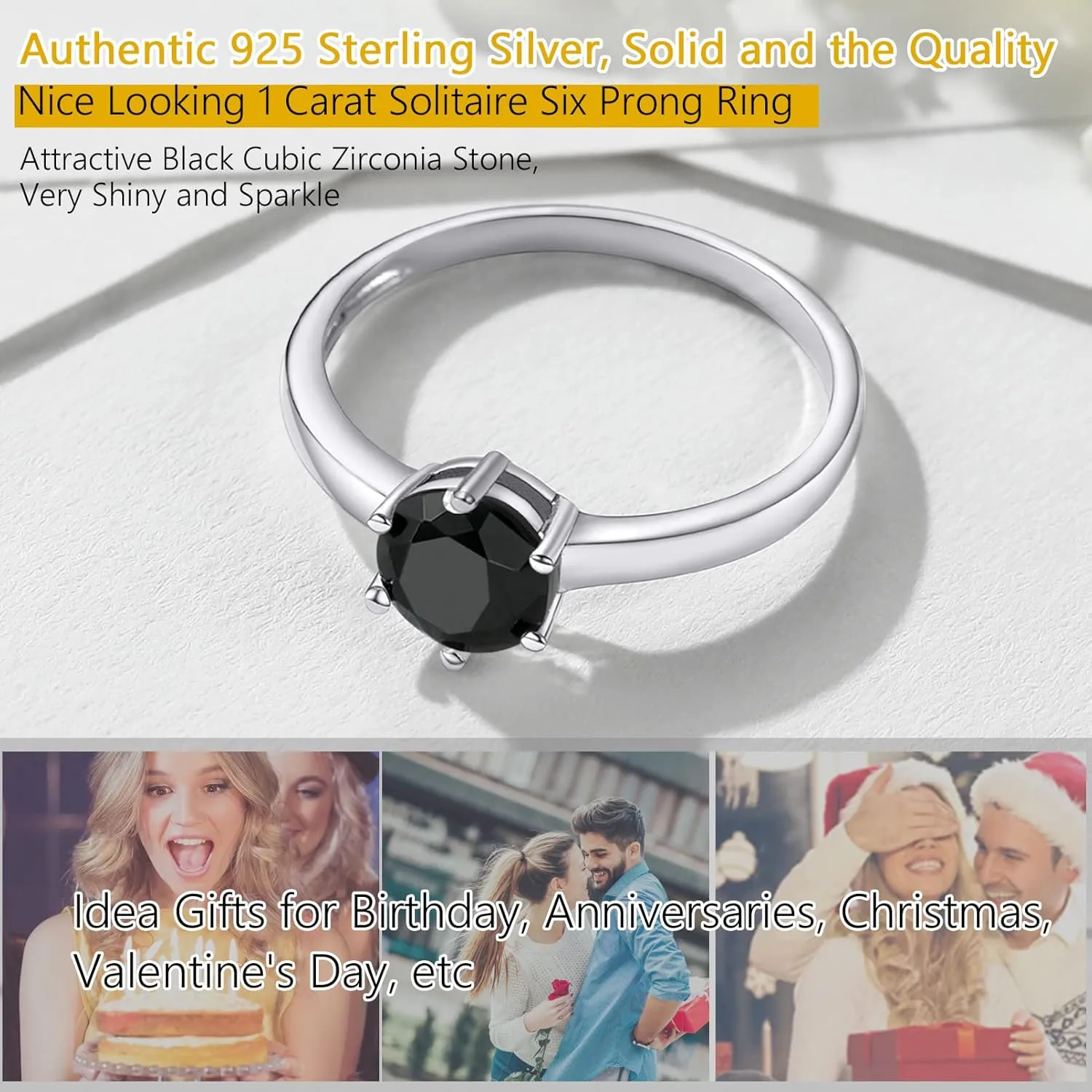 PROSILVER 1 Carat Cubic Zirconia Rings for Women Engagement Wedding Band 925 Sterling Silver Six-Prong Setting Round Solitaire Size 5-12, Come with Box