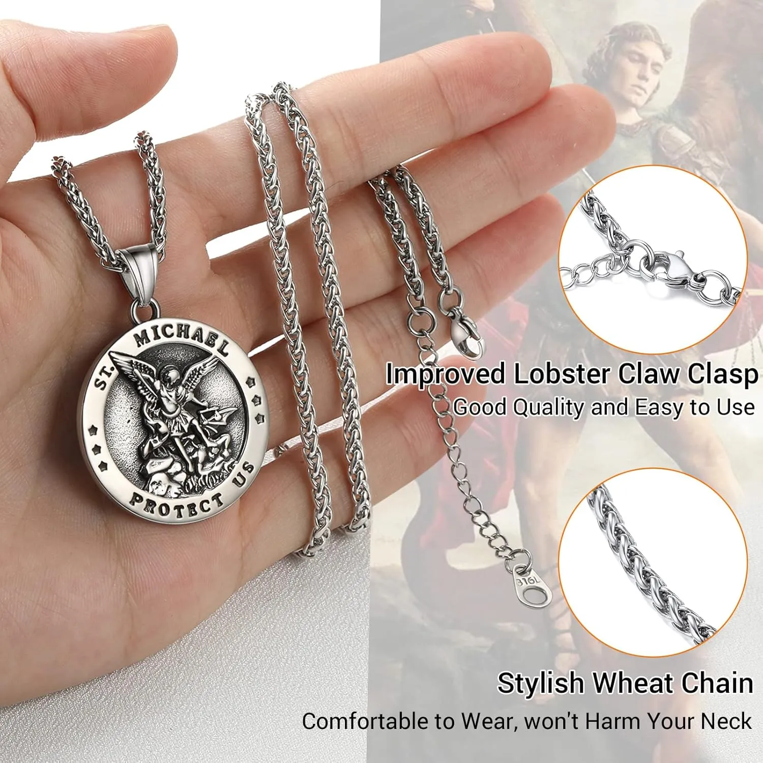 PROSTEEL St. Michael Necklaces, The Great Protector Archangel Amulet Necklace, Black/18K Gold Plated 316L Stainless Steel/925 Sterling Silver, Customize Words Available, Come with Box