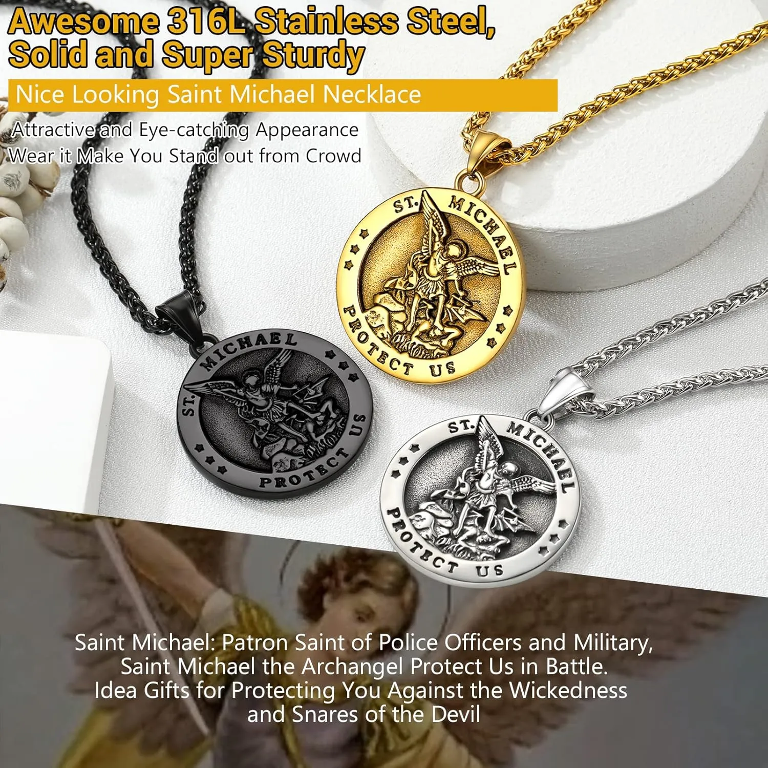 PROSTEEL St. Michael Necklaces, The Great Protector Archangel Amulet Necklace, Black/18K Gold Plated 316L Stainless Steel/925 Sterling Silver, Customize Words Available, Come with Box