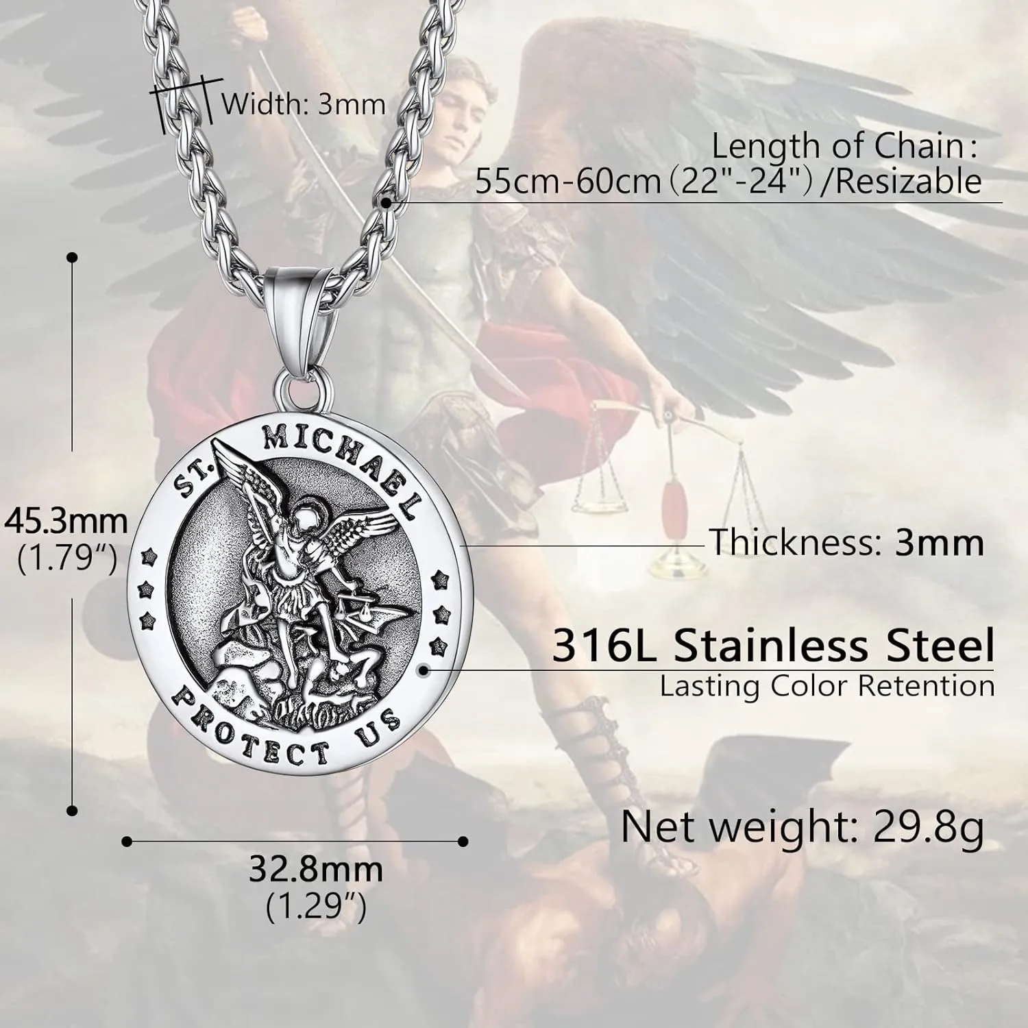 PROSTEEL St. Michael Necklaces, The Great Protector Archangel Amulet Necklace, Black/18K Gold Plated 316L Stainless Steel/925 Sterling Silver, Customize Words Available, Come with Box