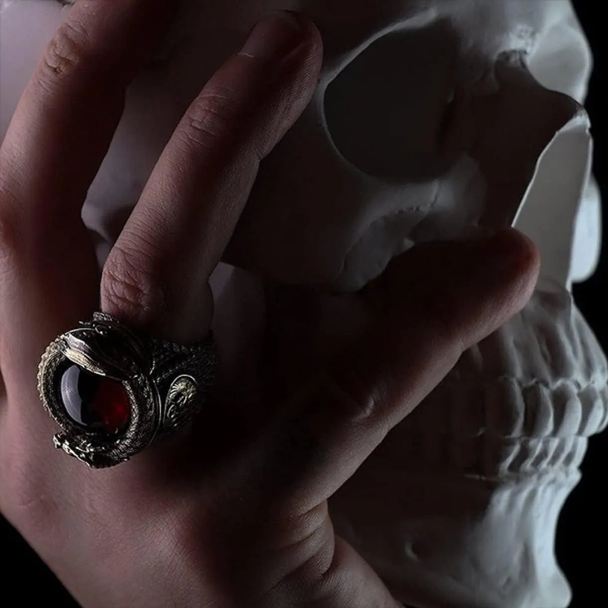 Punk Dragon Red Stone Ring for Men, Gothic Dragon Totem Ring Iced Out Dragon Animal Ring for mens