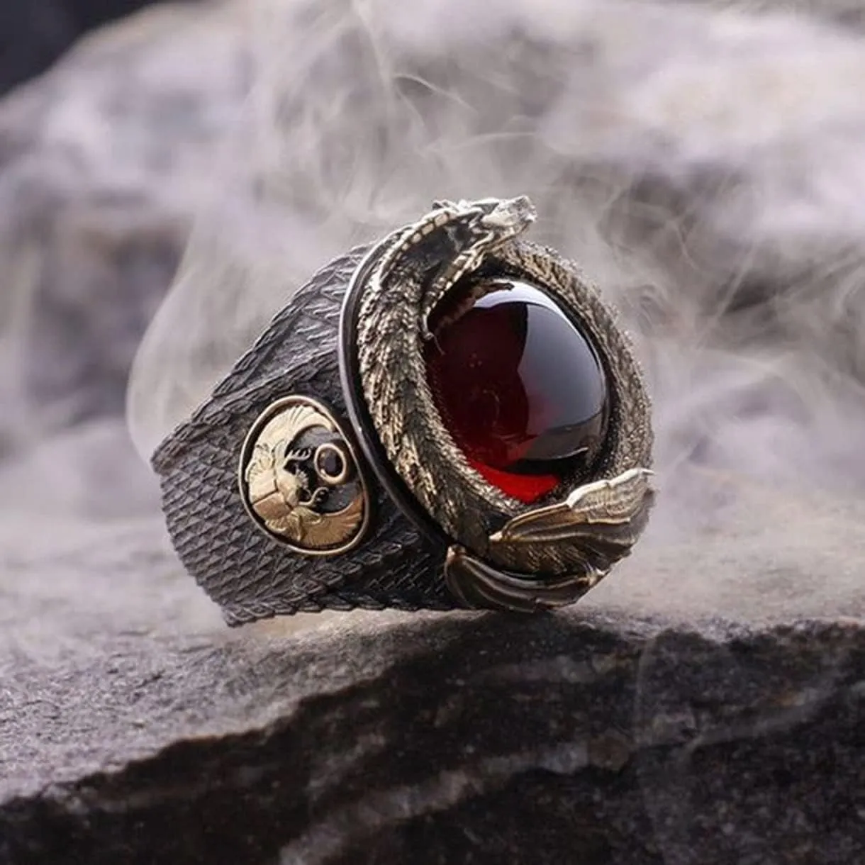 Punk Dragon Red Stone Ring for Men, Gothic Dragon Totem Ring Iced Out Dragon Animal Ring for mens