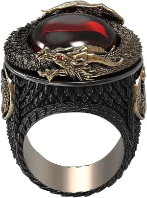 Punk Dragon Red Stone Ring for Men, Gothic Dragon Totem Ring Iced Out Dragon Animal Ring for mens