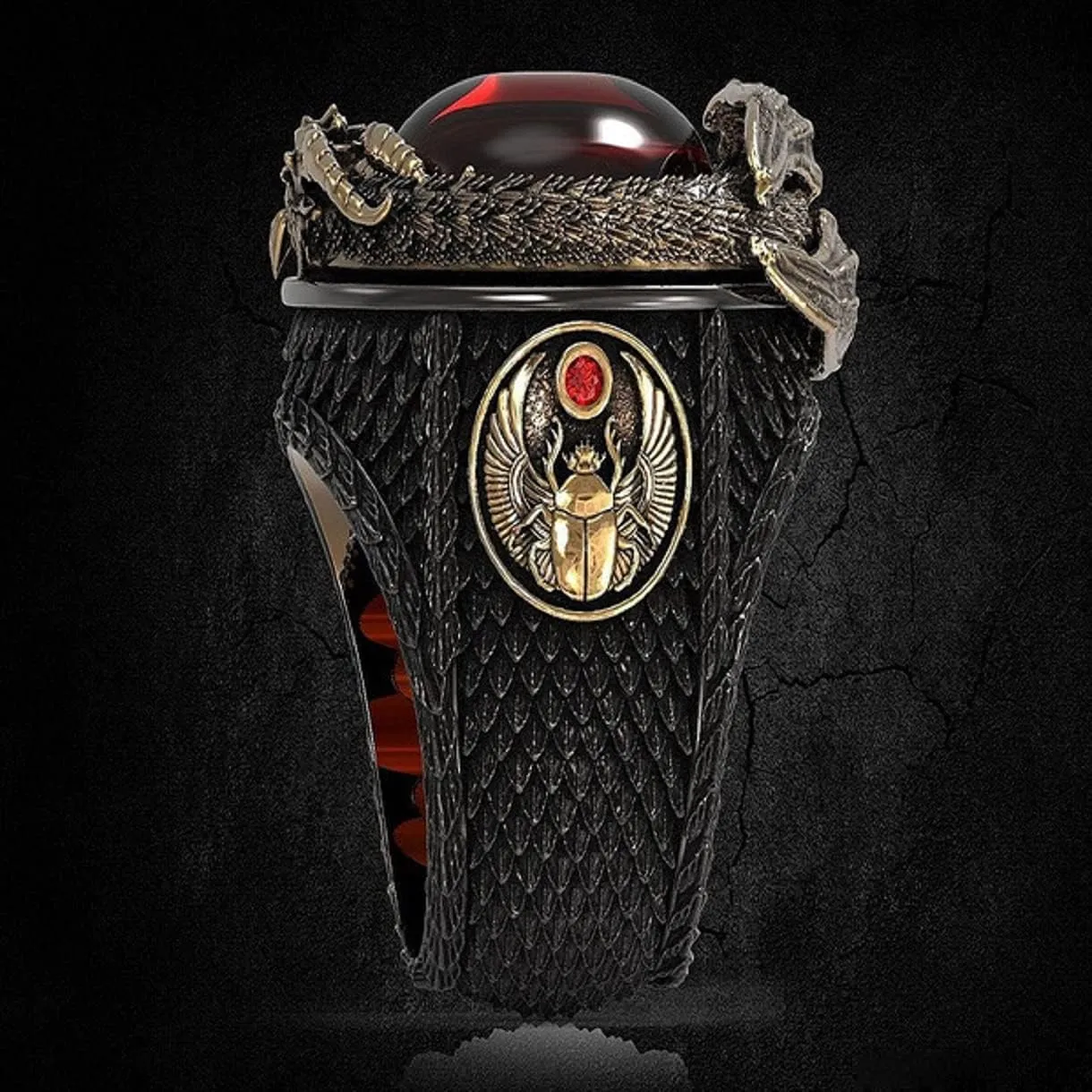 Punk Dragon Red Stone Ring for Men, Gothic Dragon Totem Ring Iced Out Dragon Animal Ring for mens