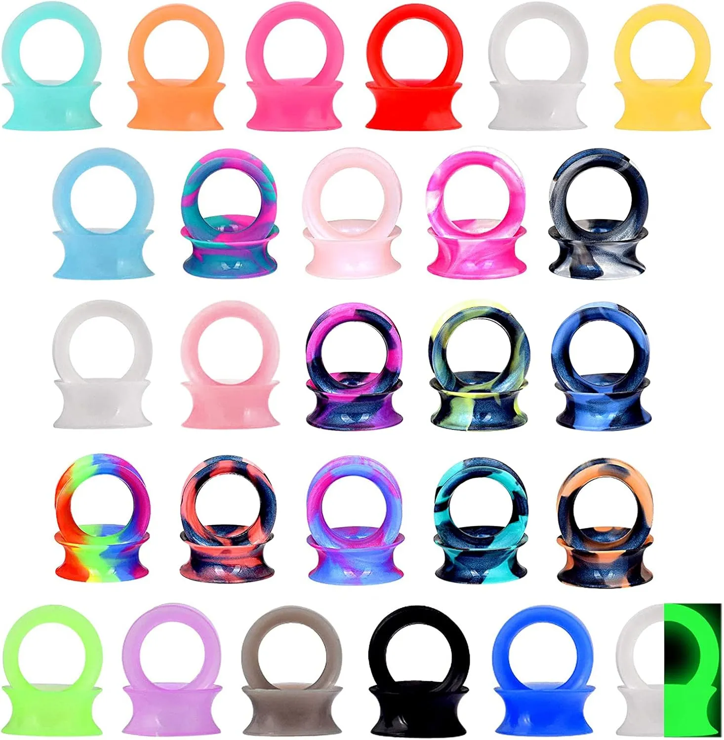 Qmcandy 54-56pcs Soft Flexible Colorful Silicone Ear Tunnels Piercing Gauges for Ear 2g-1 inch