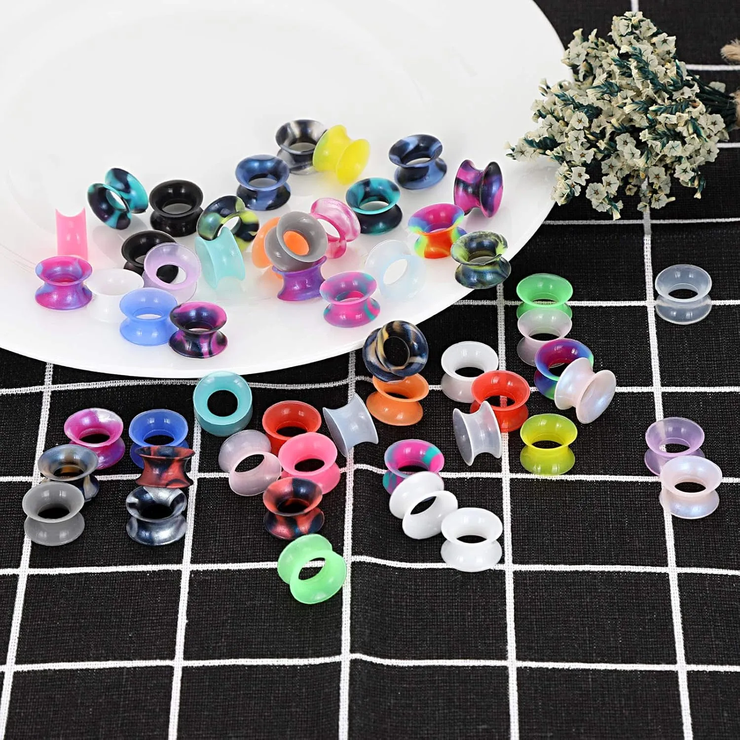 Qmcandy 54-56pcs Soft Flexible Colorful Silicone Ear Tunnels Piercing Gauges for Ear 2g-1 inch